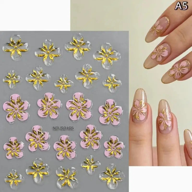 5D Floral Nail Stickers – Bronzing Blossom Petal Appliques DIY Nail Art Stickers Axl A5