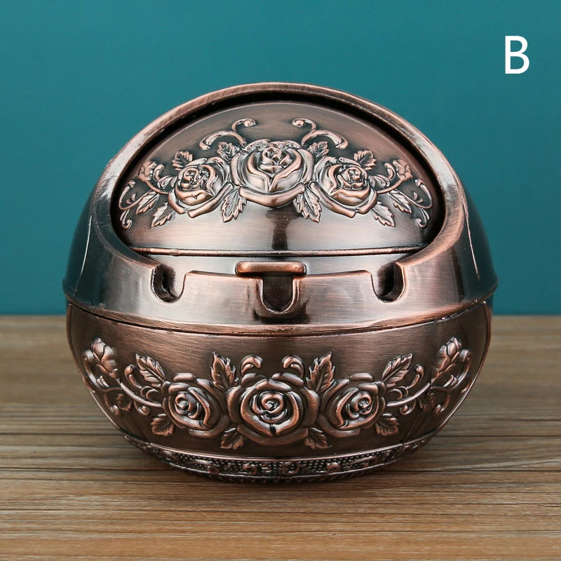 Vintage Metal Ashtray with Windproof Lid & Rose Embossed Design Metal Ashtray Axl B