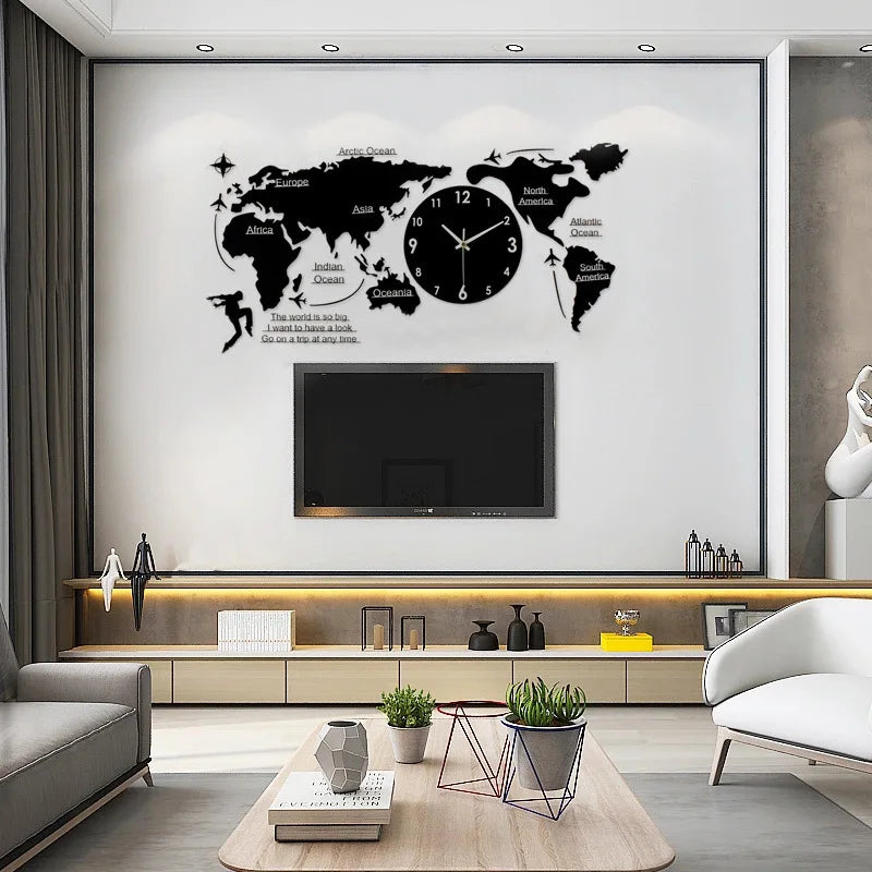Large 3D World Map Wall Clock – Silent Modern Luxury Decor 3D Wall Clock Axl
