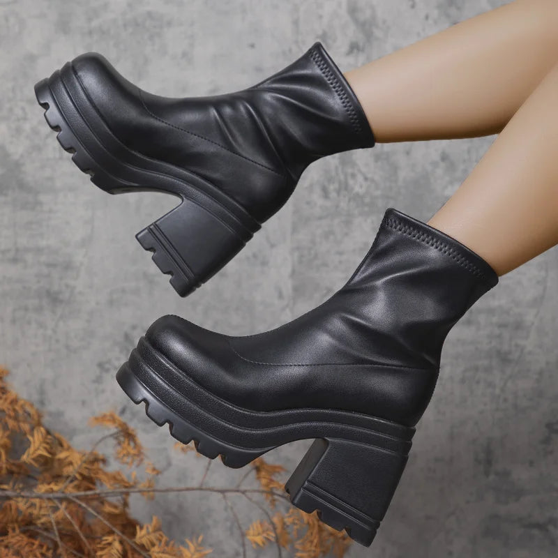Women's Square Toe High Heel Mid-Calf Boots | Platform Zipper Women's Heeled Boots Axl