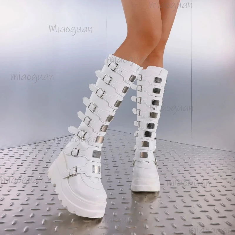 Women's Over-the-Knee Wedge Boots | Metal Buckle & Back Zipper Wedge Knee Boots Axl