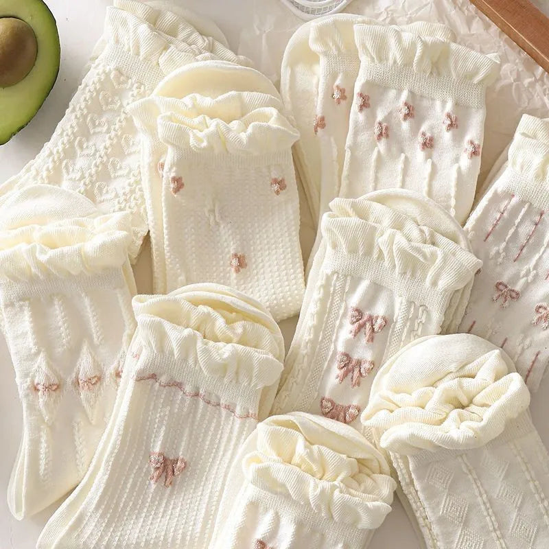 5 Pairs Women's Lolita Mid Tube Socks – Bow & Flower Pattern Women's Fashion Socks Axl 5 pairs mix One Size