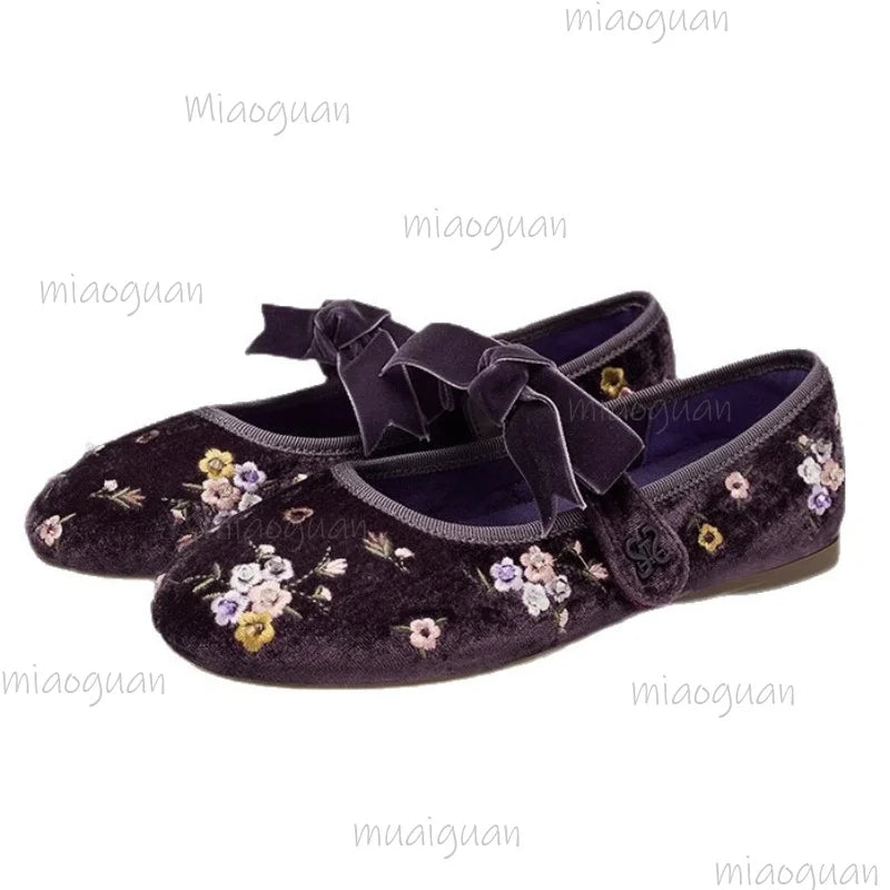 Flower Embroidered Velvet Ballet Flats – Women's Retro Loafers Women's Ballet Flats Axl