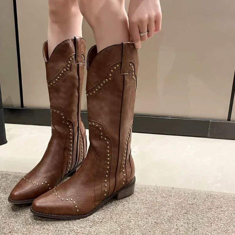 Women's Retro Rivet Mid-Calf Cowboy Boots | Slip-On Western Western Cowboy Boots Axl