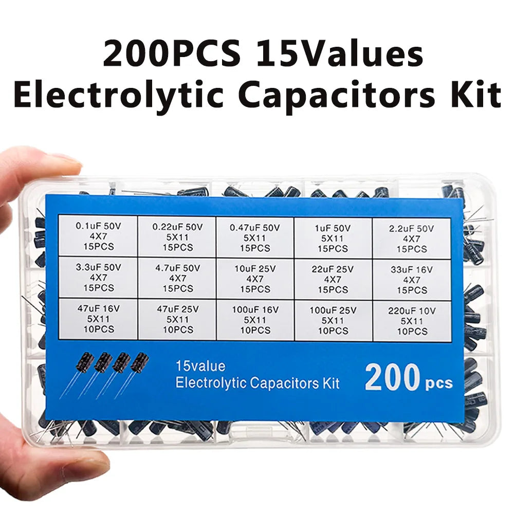 200 PCS Electrolytic Capacitor Kit – 15 Values 10V–50V Capacitor Assortment Kit Axl