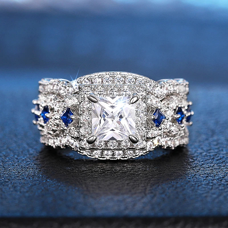Huitan 3-Piece CZ Bridal Ring Set – Princess Wedding Jewelry Bridal Ring Set Axl