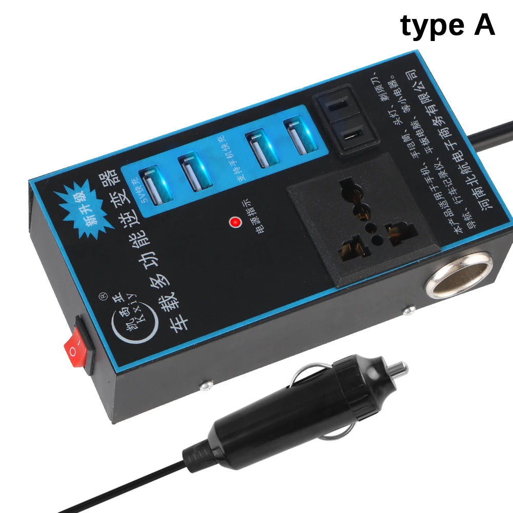 200W Car Power Inverter DC 12V/24V to AC 110V/220V 8-Port Car Power Inverter Axl Metal A