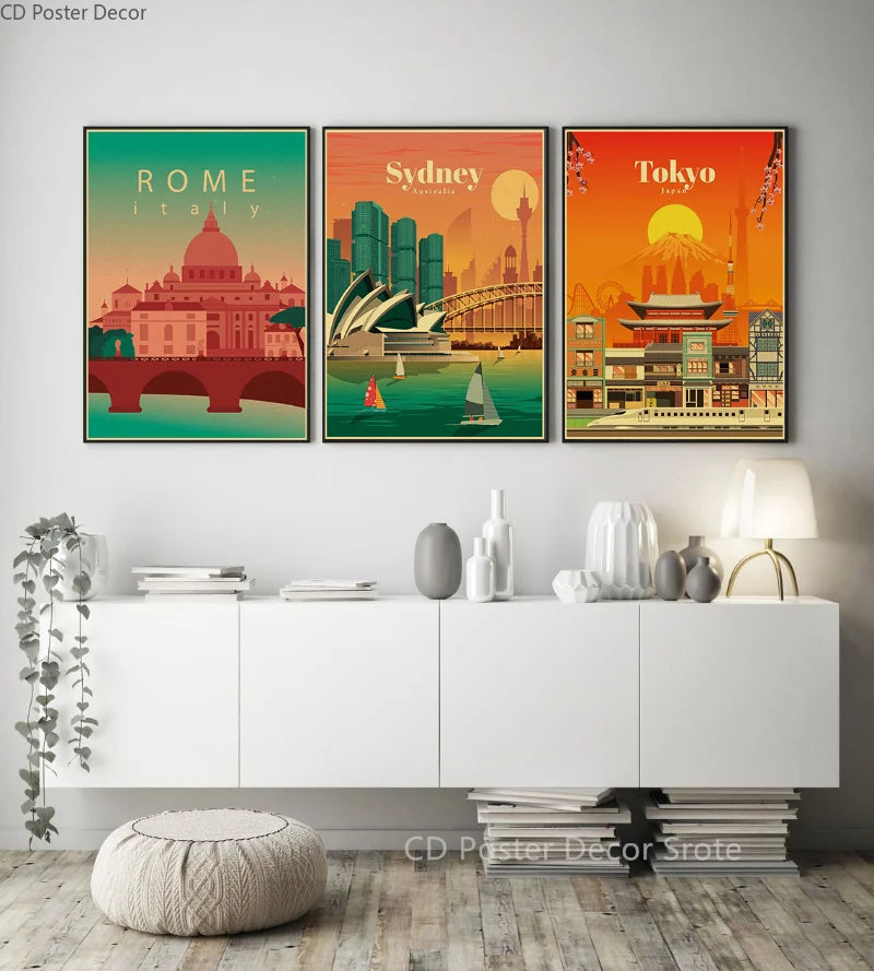 World Cities Retro Travel Poster – Rome Paris Sydney Dubai Art Travel Wall Poster Axl