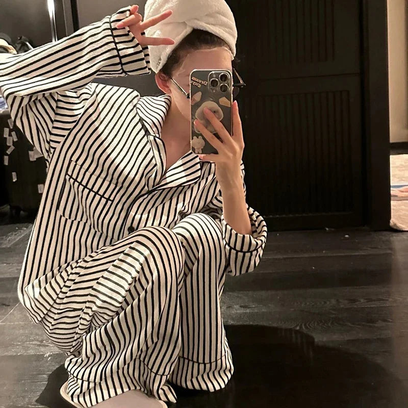 Women's Striped Pajama Set – 2-Piece Korean Sleepwear Women's Pajama Set Axl