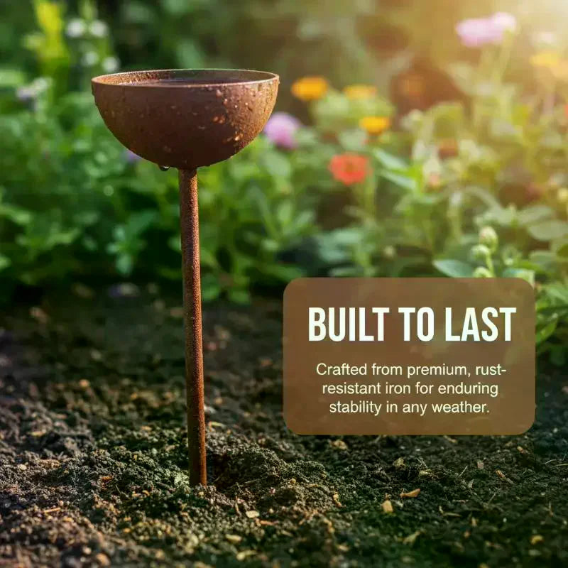 3-Piece Rustic Metal Rain Catcher Garden Stakes | Aged Bronze Garden Stake Ornament Axl