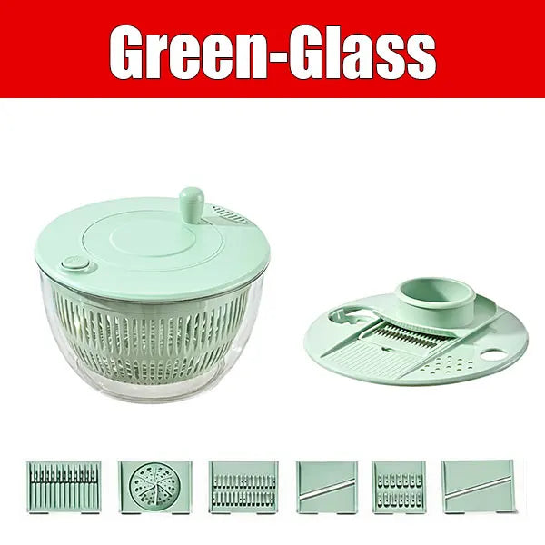 PGY 5Qt Stainless Steel Salad Spinner & Slicer Set – 5 Blades Salad Spinner Set Axl Green-Glass