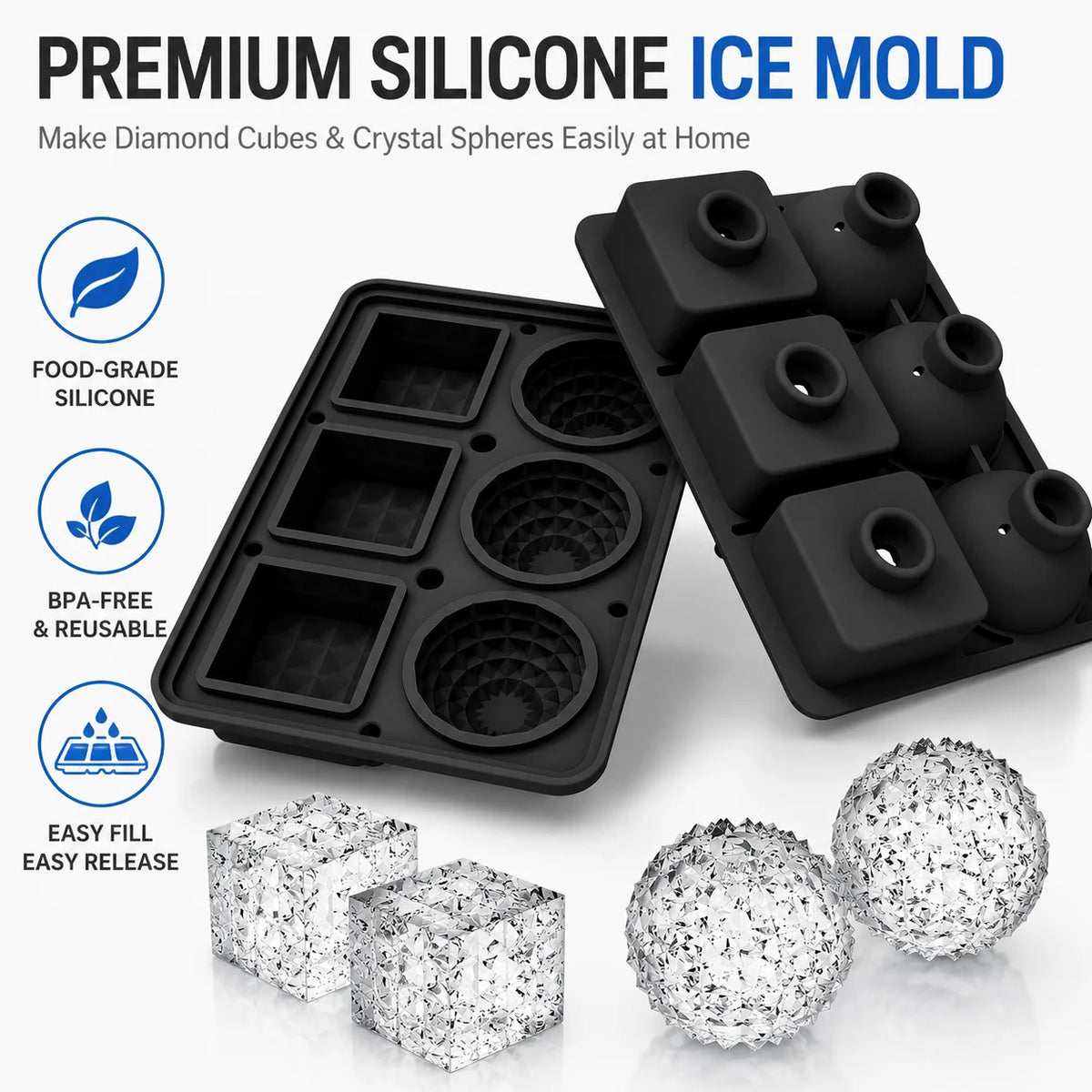 3D Diamond Silicone Ice Cube Tray 6 Cavity – Whiskey & Cocktails Silicone Ice Cube Tray Axl