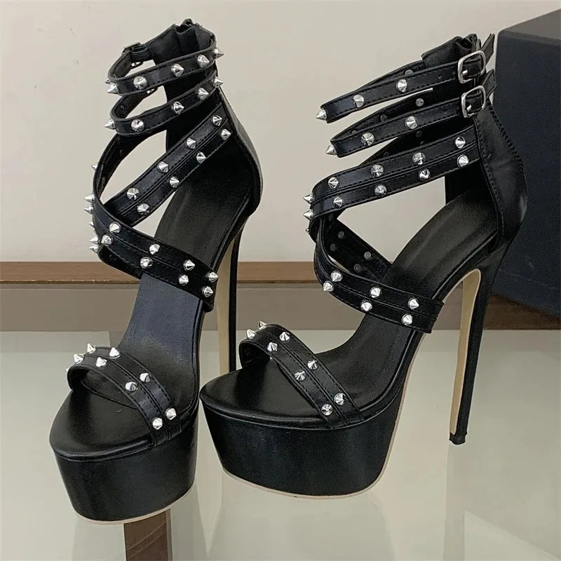 Women's Punk Stiletto Sandals – Open Toe Rivet Buckle Heels Stiletto Heel Sandals Axl