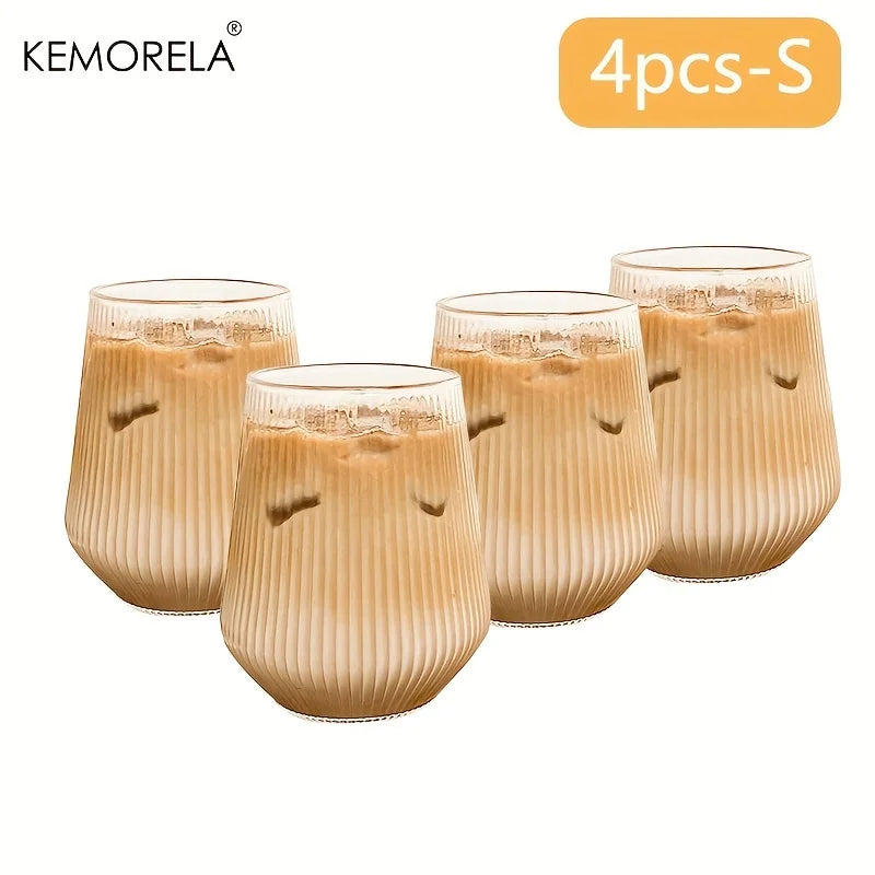 KEMORELA Ribbed Glass Tumblers Set 4/6 Pcs | Heat-Resistant Cups Glass Tumbler Set Axl 4PCS S 301-400ml