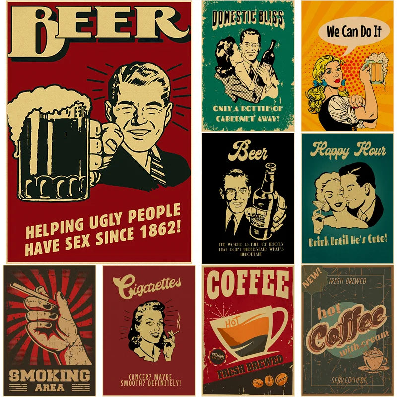 Retro Vintage Kraft Paper Poster – Bar, Beer & Coffee Wall Art Wall Art Poster Axl