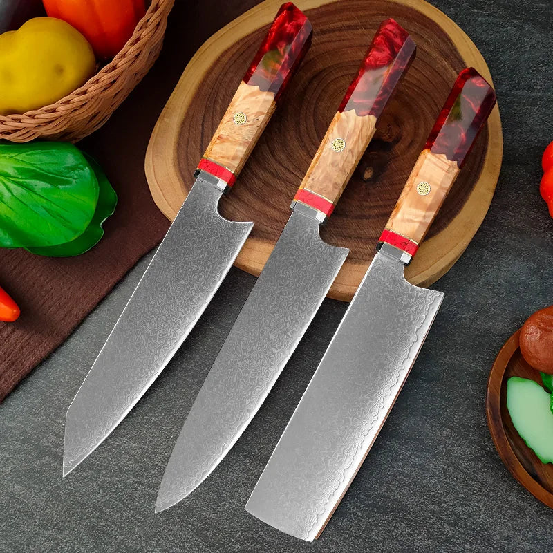 InLeung VG10 Damascus Gyuto Chef Knife | Japanese Kitchen Knife Damascus Chef Knife Axl 3PCS knife set