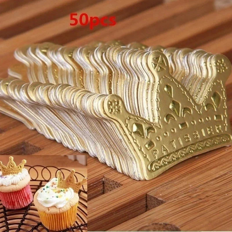 50 Pcs Gold Princess Crown Birthday Cake Toppers | Party Decor Cake Toppers Axl 50pcs