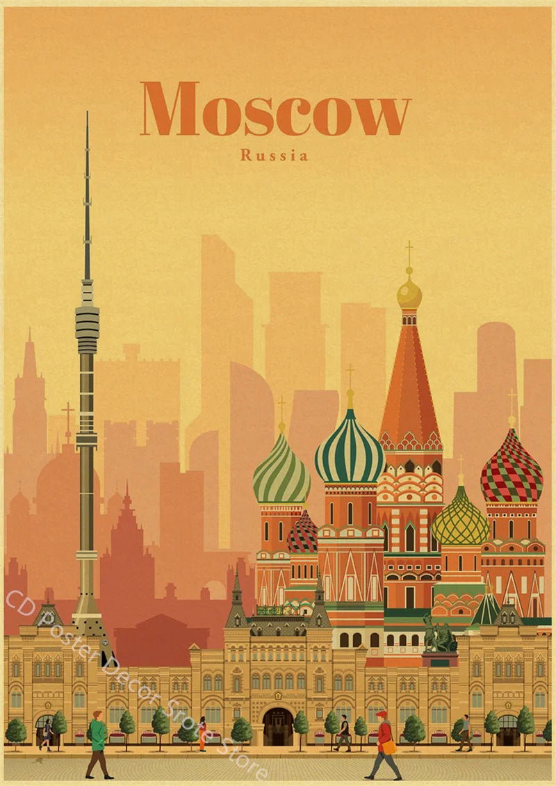 World Cities Retro Travel Poster – Rome Paris Sydney Dubai Art