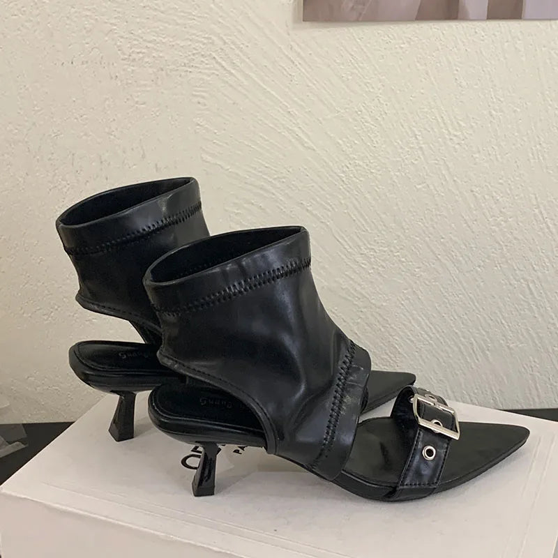 Women's Pointed Toe Ankle Boots – Metal Buckle Thin Heel Women's Ankle Boots Axl