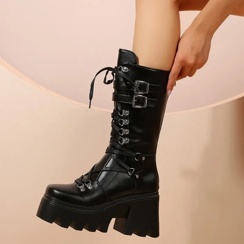 Women's Mid-Calf Platform Wedge Boots | Lace-Up Winter Boots Platform Wedge Boots Axl
