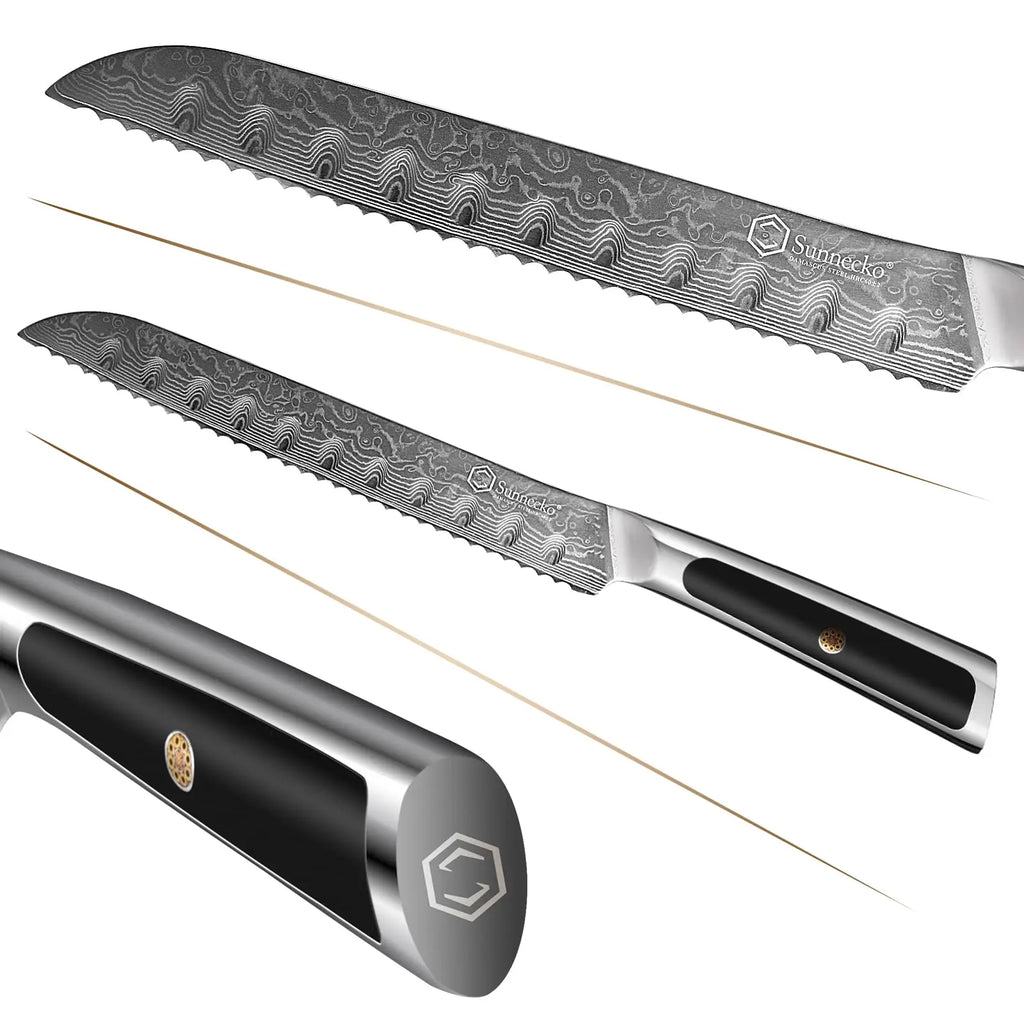 Sunnecko 8" Damascus Steel Serrated Bread Knife – VG10 Sharp Serrated Bread Knife Axl