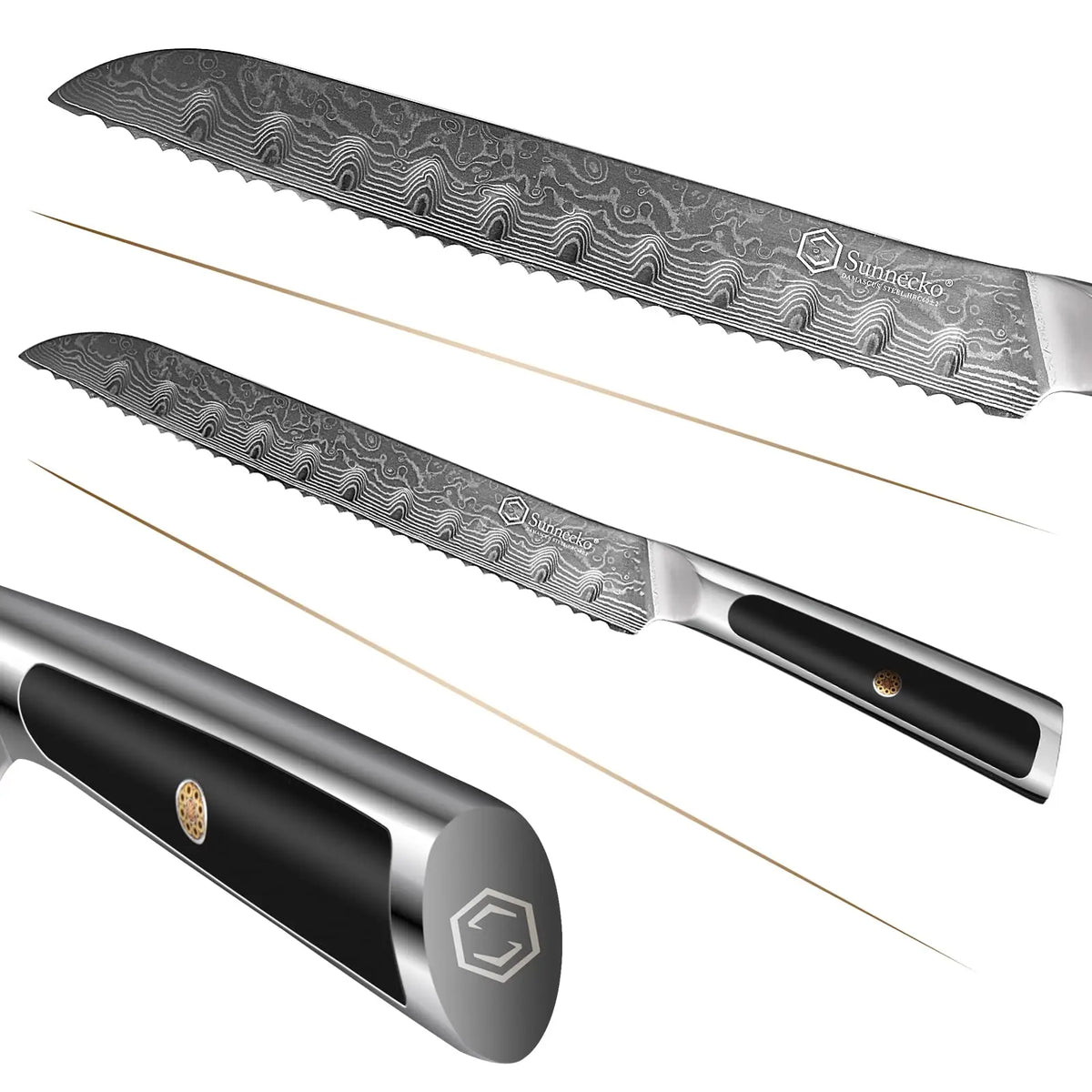 Sunnecko 8" Damascus Steel Serrated Bread Knife – VG10 Sharp Serrated Bread Knife Axl