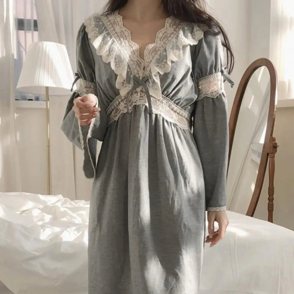 Vintage Lace V-Neck Women's Nightgown – Ankle-Length Sleep Dress Women's Nightgown Axl
