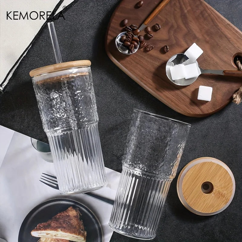 500ml Ribbed Glass Cup with Lid & Straw | Iced Coffee Mug Ribbed Drinking Glass Axl
