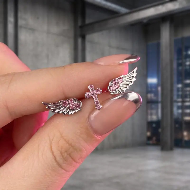 Vintage Punk Pink Zircon Wing Cross Earrings Set 3/4 Pcs Piercing Earrings Set Axl