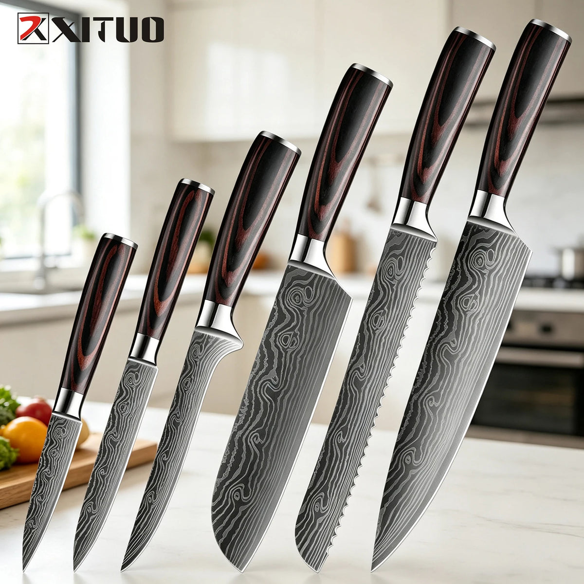 XITUO 8-Piece Kitchen Knife Set with Block & Built-In Sharpener Kitchen Knife Set Axl 6PCS Knife