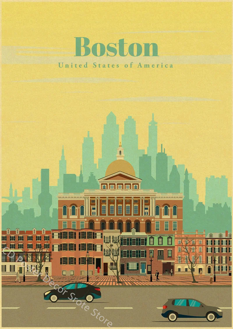 World Cities Retro Travel Poster – Rome Paris Sydney Dubai Art