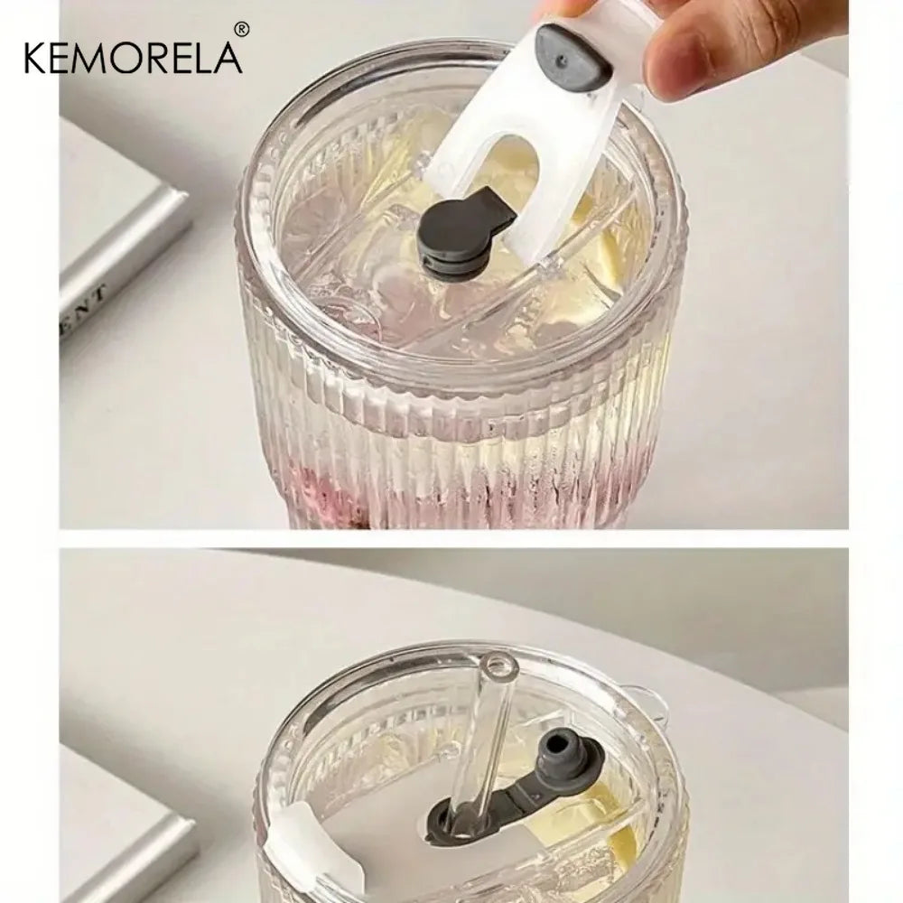 KEMORELA 600ml Stripe Glass Cup with Lid & Straw Glass Tumbler Axl