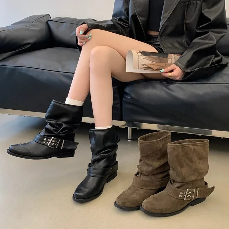 Women's Vintage Buckle Ankle Boots – Low Heel Round Toe Women's Ankle Boots Axl