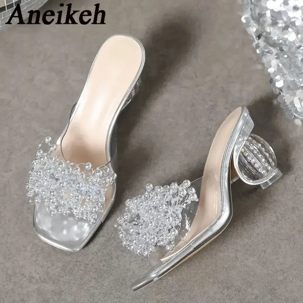 Women's Crystal Flower High Heel PVC Mule Sandals | Party Shoes High Heel Mule Sandals Axl silver 41