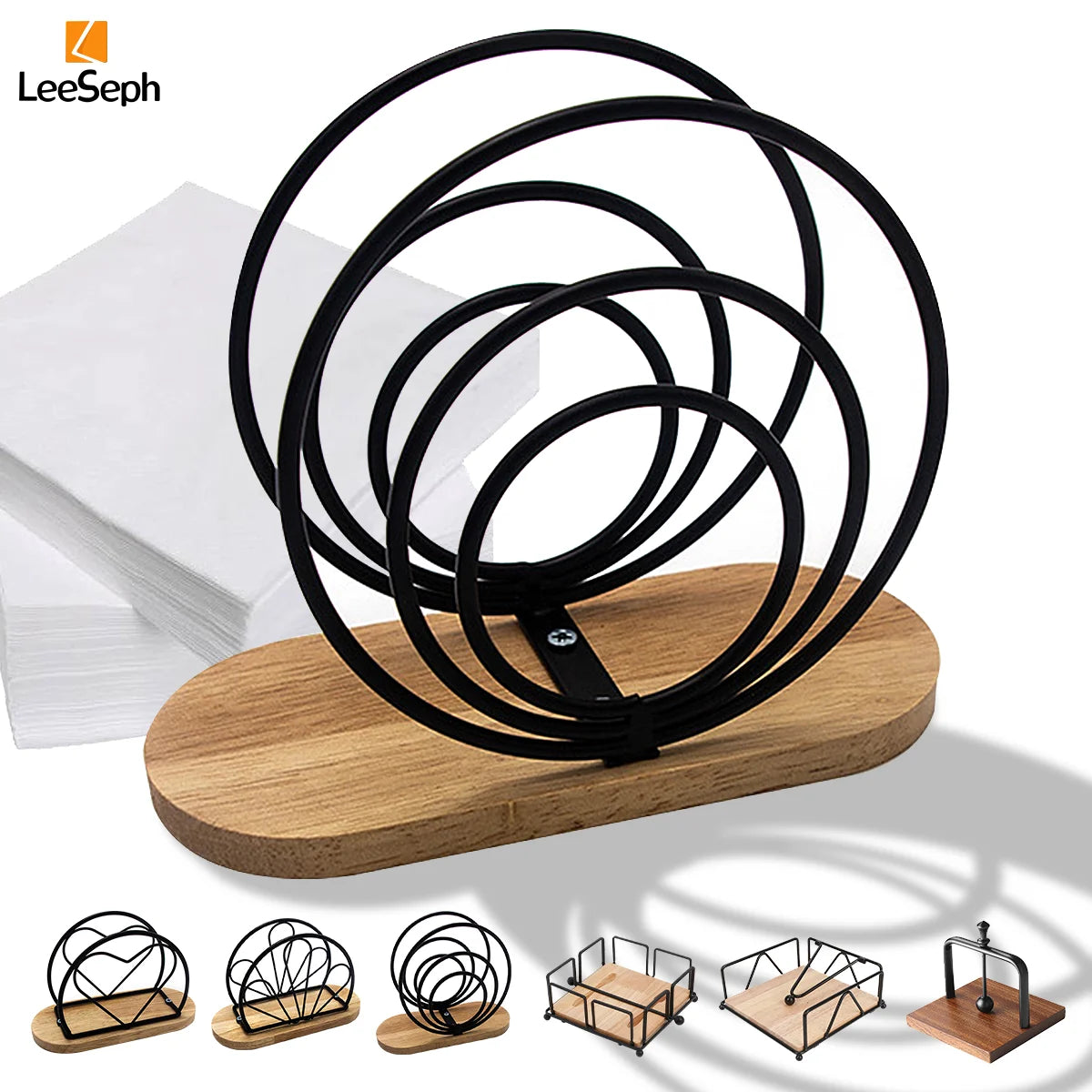 Modern Napkin Holder with Wooden Base | Gold, Black, White Napkin Holder Axl