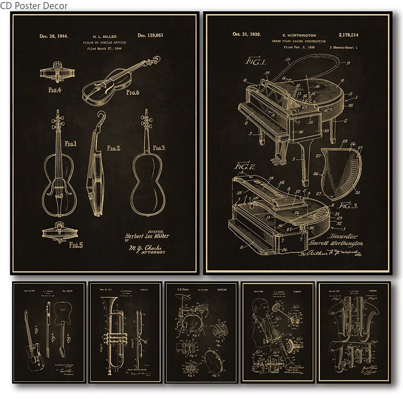 Retro Music Instrument Wall Poster – Trumpet Violin Piano Art Wall Art Poster Axl