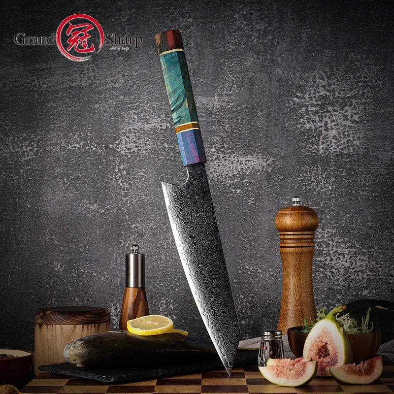 Damascus Steel Kiritsuke Chef Knife | Purple Handle | 67-Layer Kiritsuke Chef Knife Axl