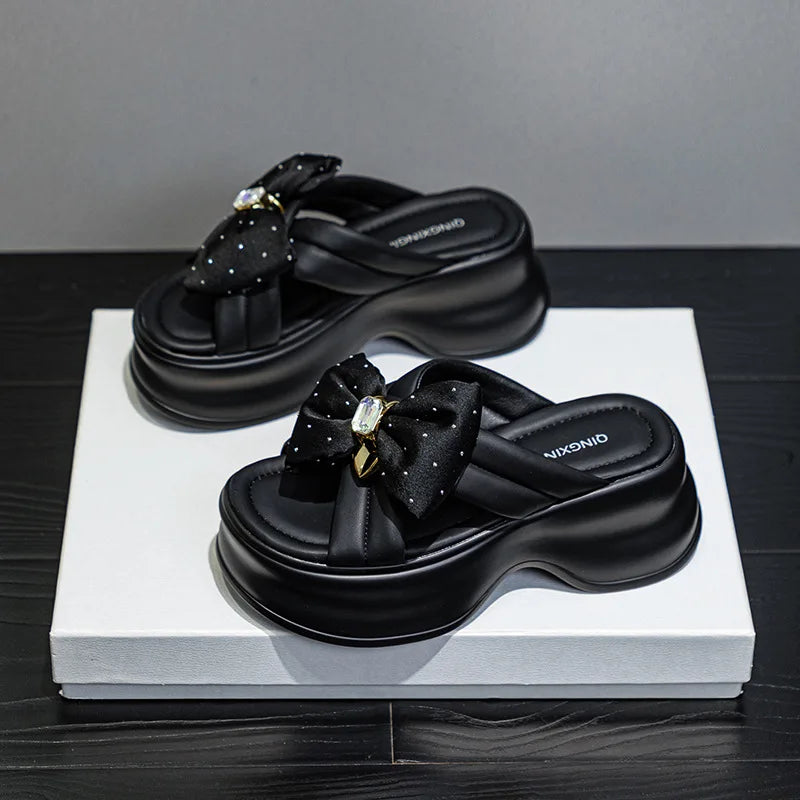 Women's Wedge Sandal Slippers – Butterfly Knot Rhinestone High Heel Wedge Sandal Slippers Axl black 39