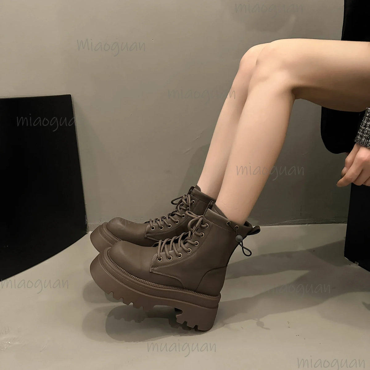 Women's Chunky Platform Ankle Boots – Lace-Up PU Booties Platform Ankle Boots Axl