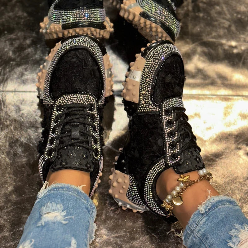 Women's Rhinestone Sneakers – Thick Sole Casual Sport Shoes Women's Fashion Sneakers Axl