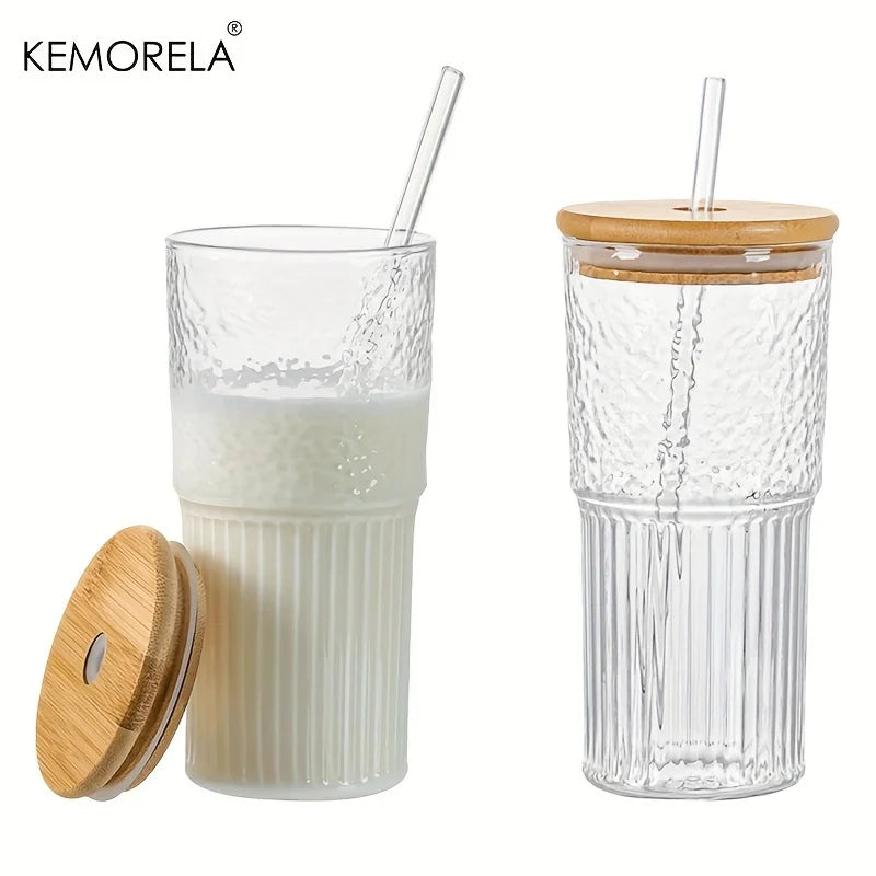 500ml Ribbed Glass Cup with Lid & Straw | Iced Coffee Mug Ribbed Drinking Glass Axl