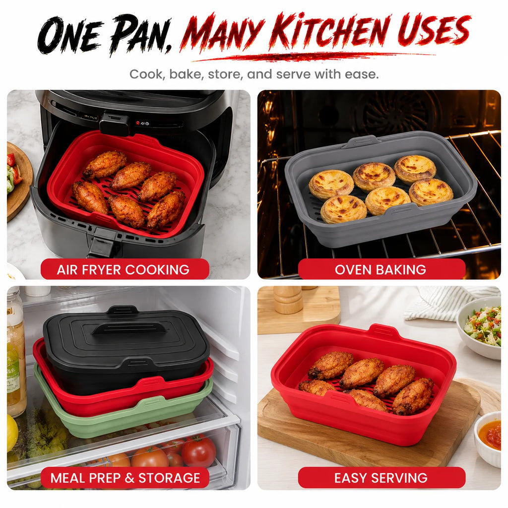 Foldable Silicone Air Fryer Basket with Lid | Reusable Baking Pan Silicone Baking Pan Axl