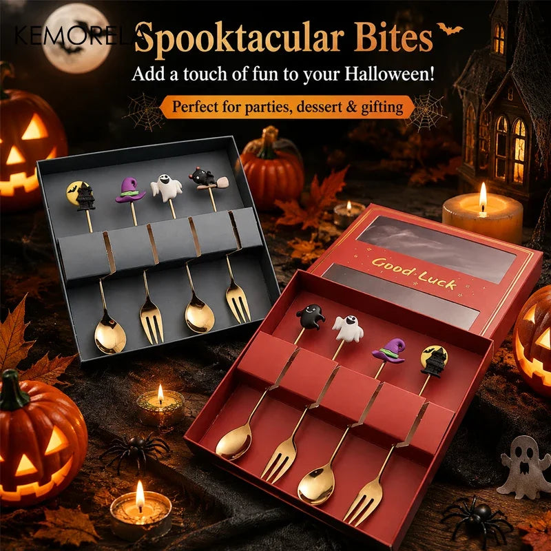 4-Piece Halloween Stainless Steel Spoon & Fork Set – Gift Box Flatware Gift Set Axl