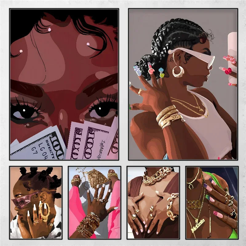 Hip Hop Black Girl Gold Jewelry Wall Poster | Self-Adhesive Wall Art Poster Axl