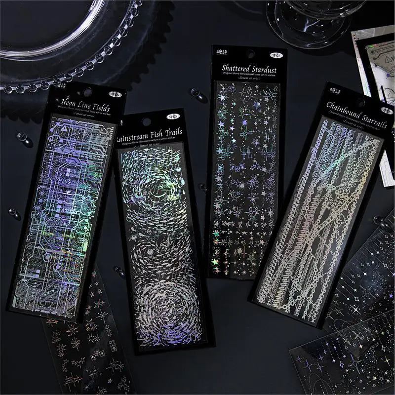 Laser Silver PET Stickers – 3-Sheet Aesthetic DIY Scrapbook Pack Decorative Sticker Sheets Axl
