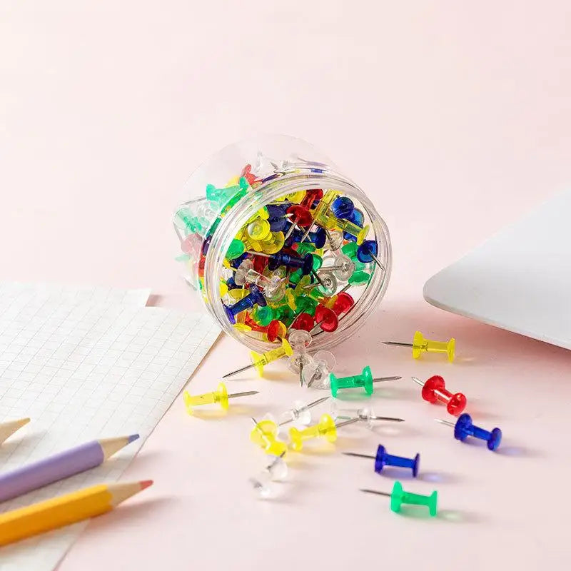 100 Multicolor Push Pins – Plastic Thumb Tacks for Cork Board Push Pins Set Axl C