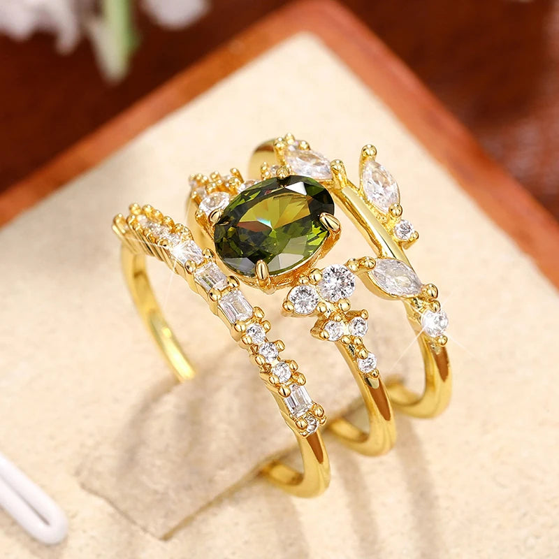 Huitan 3-Piece Olive Green CZ Gold Bridal Ring Set for Women Bridal Ring Set Axl