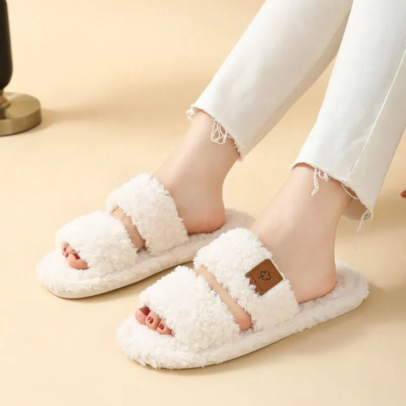 Women's Fluffy Open Toe Slippers – Plush Non-Slip Indoor Slides Plush Indoor Slippers Axl