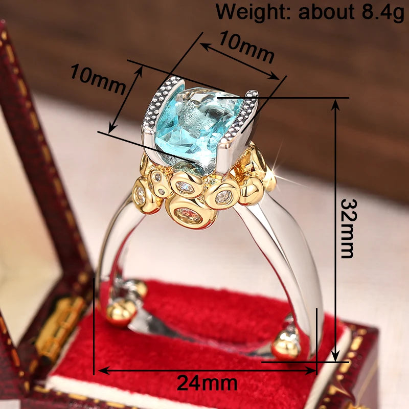 Huitan Blue CZ Two-Tone Triangular Band Ring for Women Fashion Ring Axl