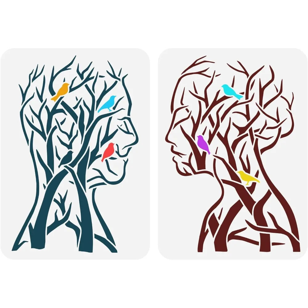 2PCS Tree of Life Stencil 11.7x8.3" – Man Woman Bird Branch Painting Stencil Axl